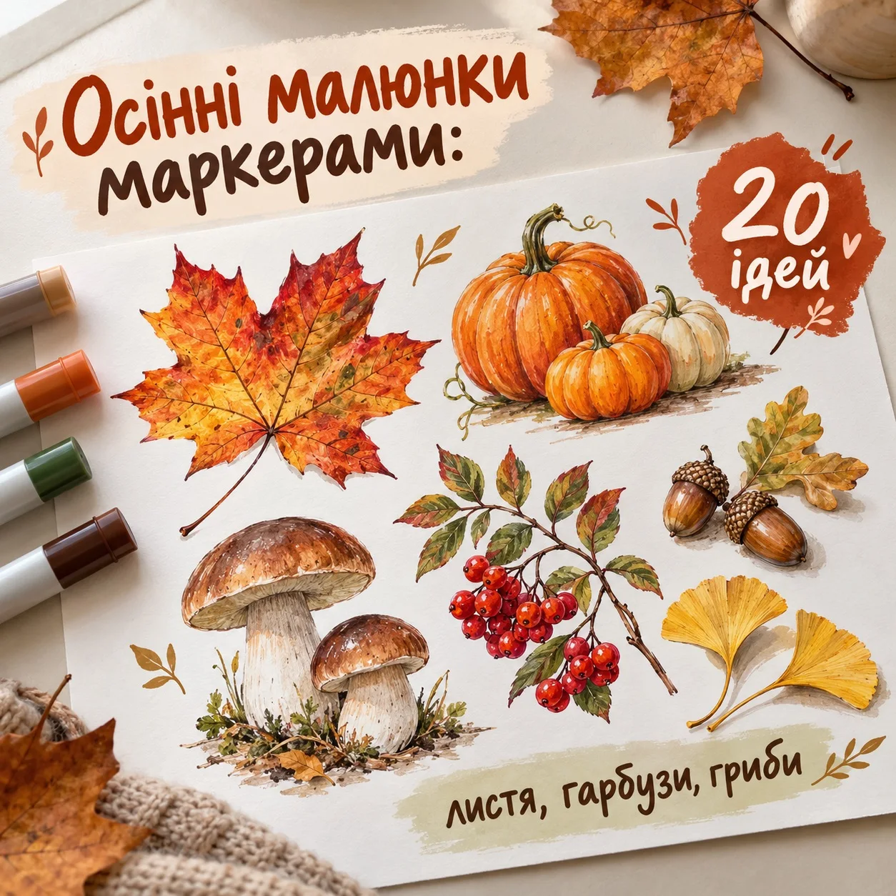 Осінні малюнки акриловими маркерами: кленове листя й гарбуз