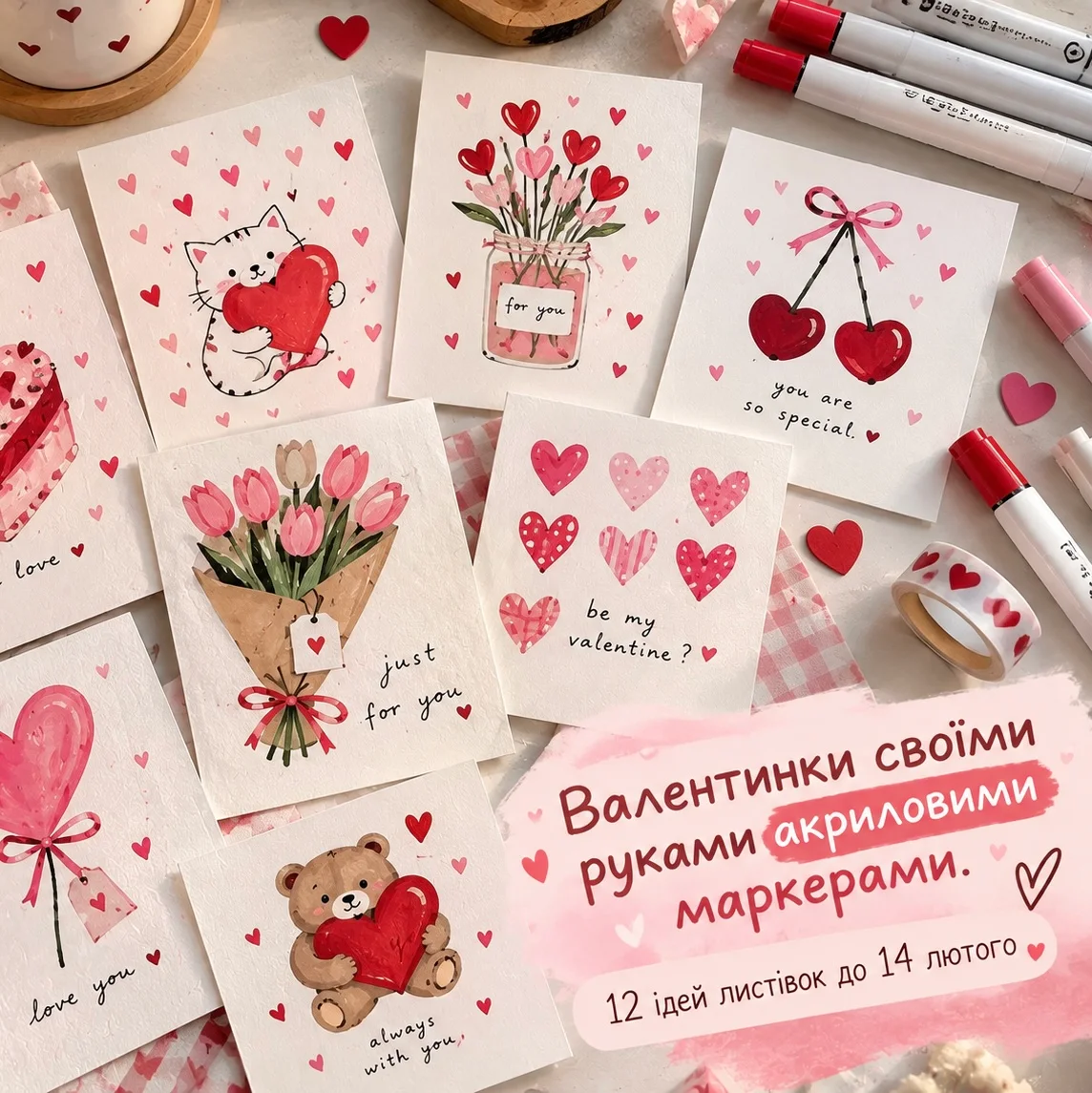 Валентинки своїми руками: листівки з сердечками, намальовані маркерами