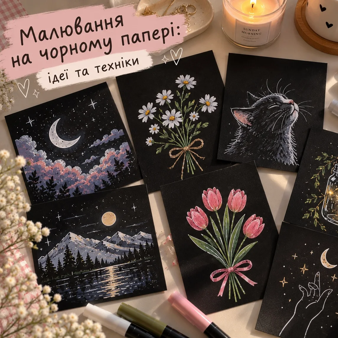 Малюнки на чорному папері акриловими маркерами: ідеї та техніки