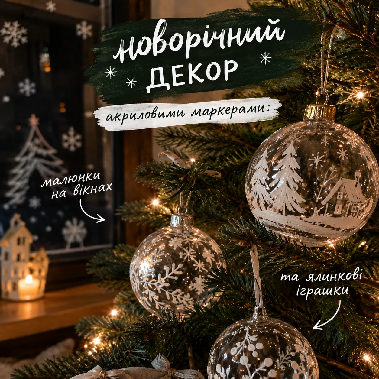 Новорічний декор акриловими маркерами: малюнки на вікнах та ялинкові іграшки