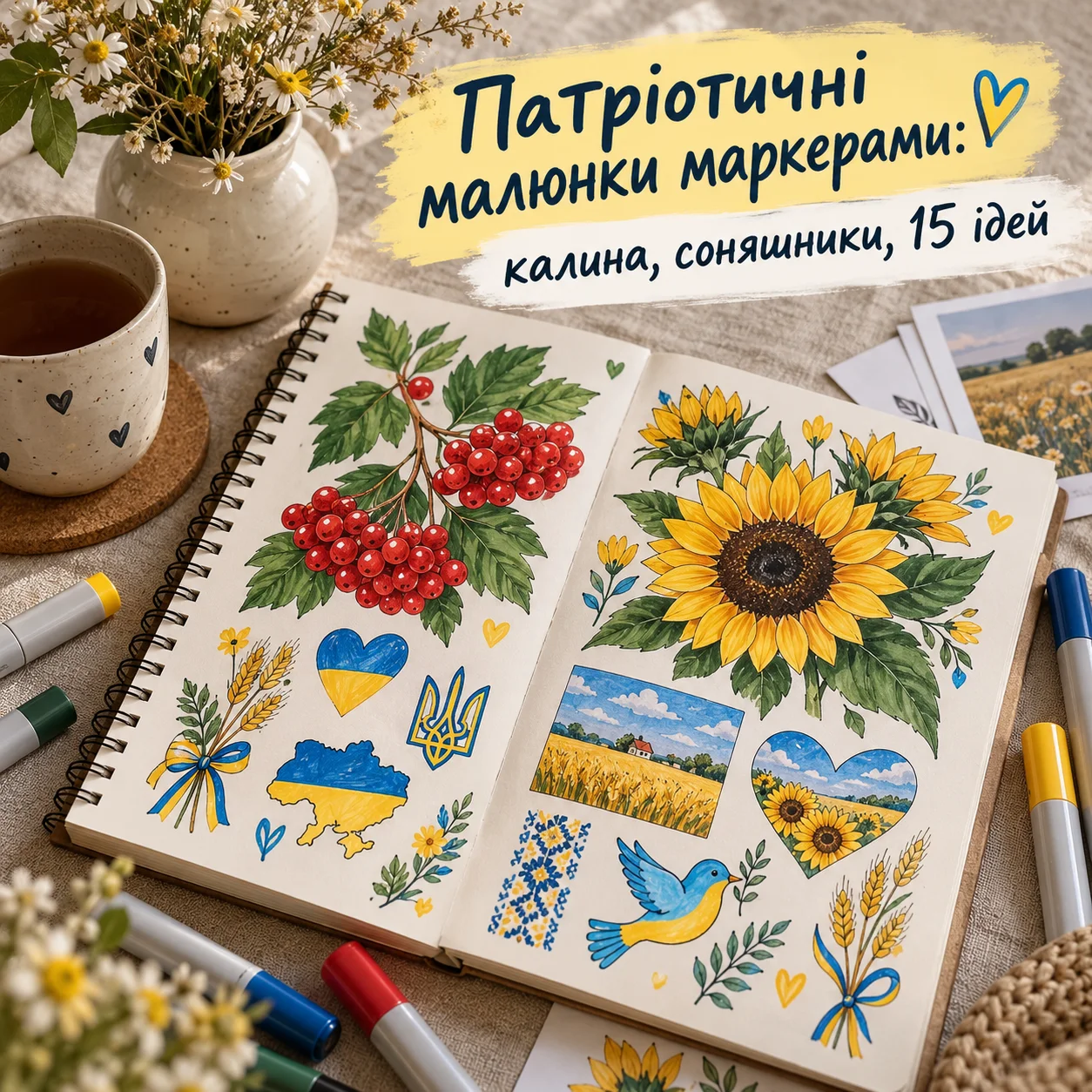 Патріотичний малюнок маркерами: гілка калини й соняшник на синьо-жовтому фоні