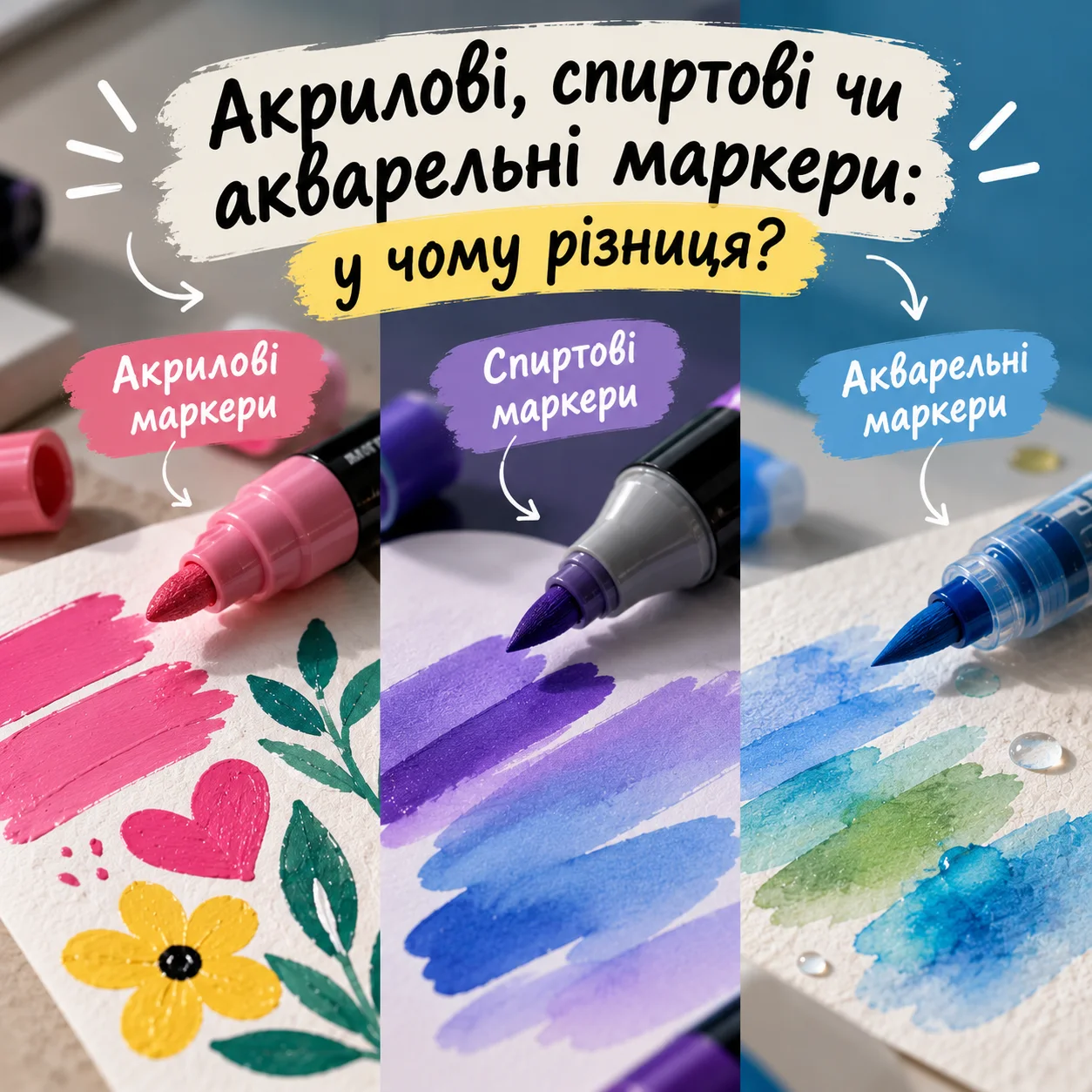 Акрилові, спиртові (скетч) чи акварельні маркери: у чому різниця