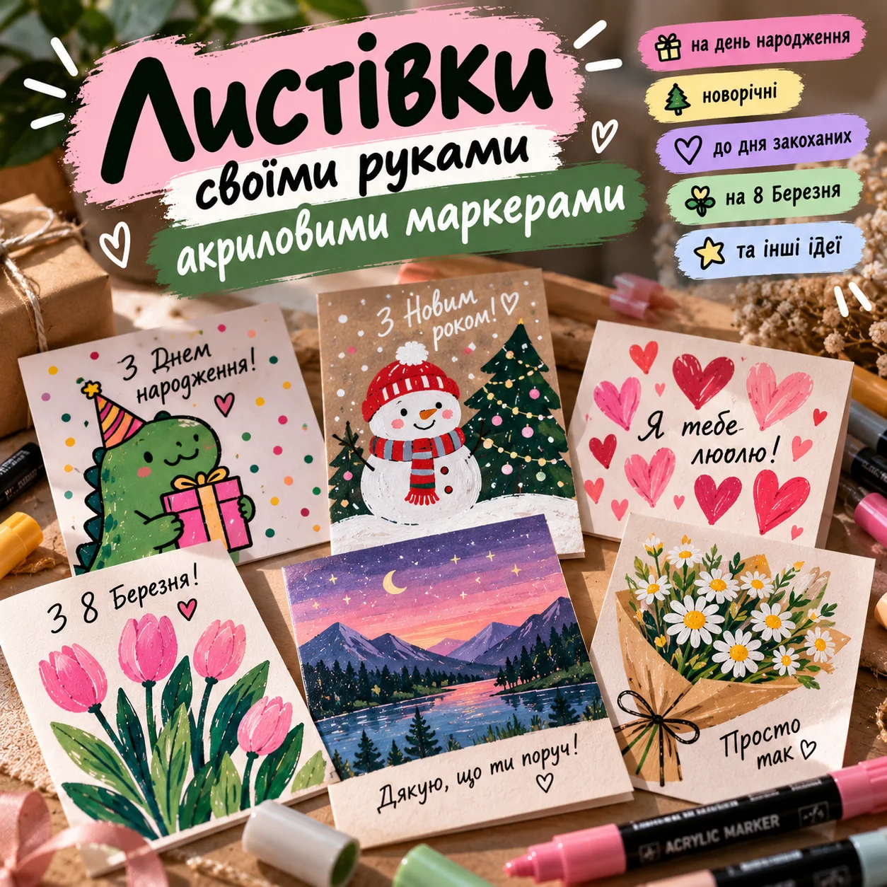Листівки своїми руками акриловими маркерами: новорічні й на день народження