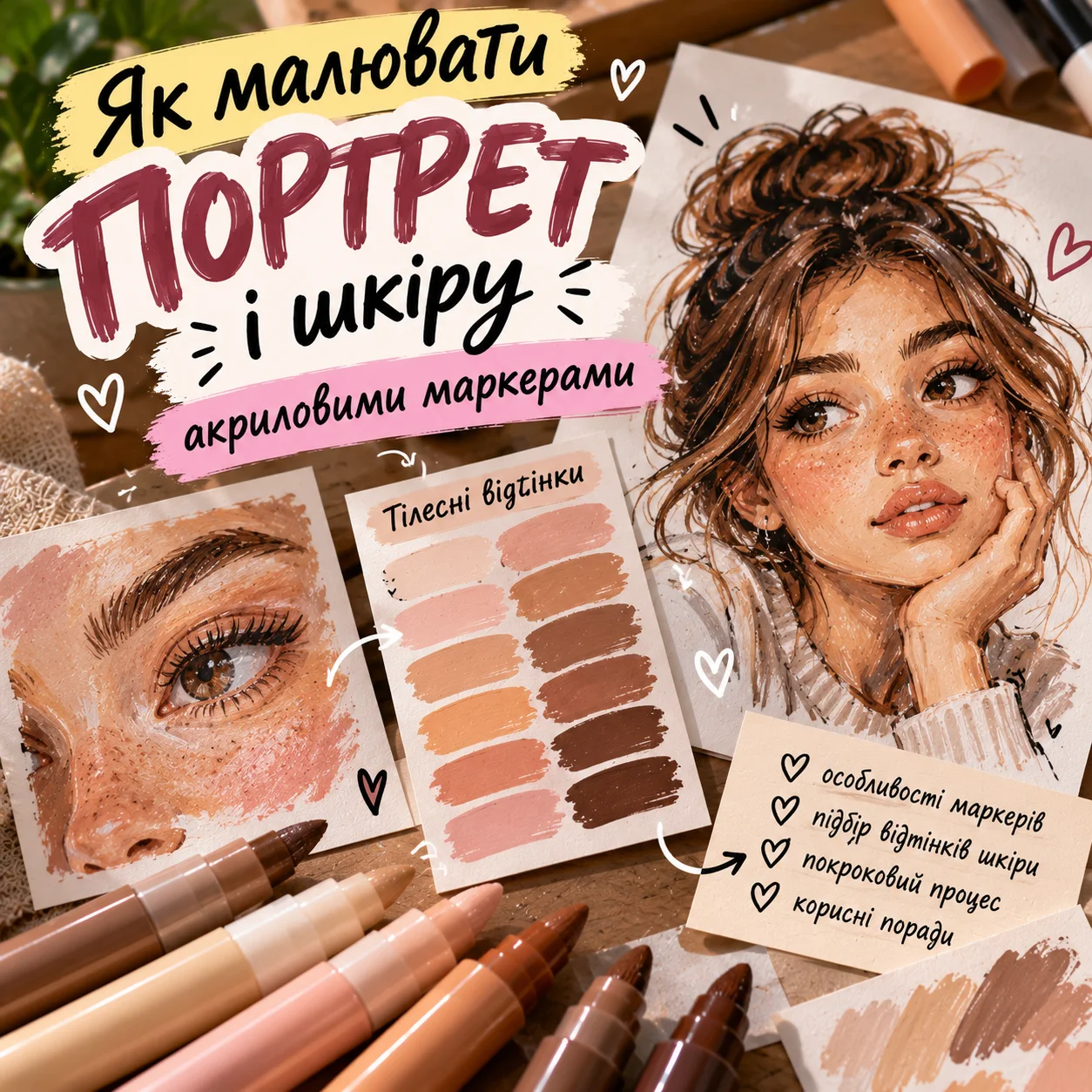 Як малювати портрет і шкіру акриловими маркерами: тілесні відтінки