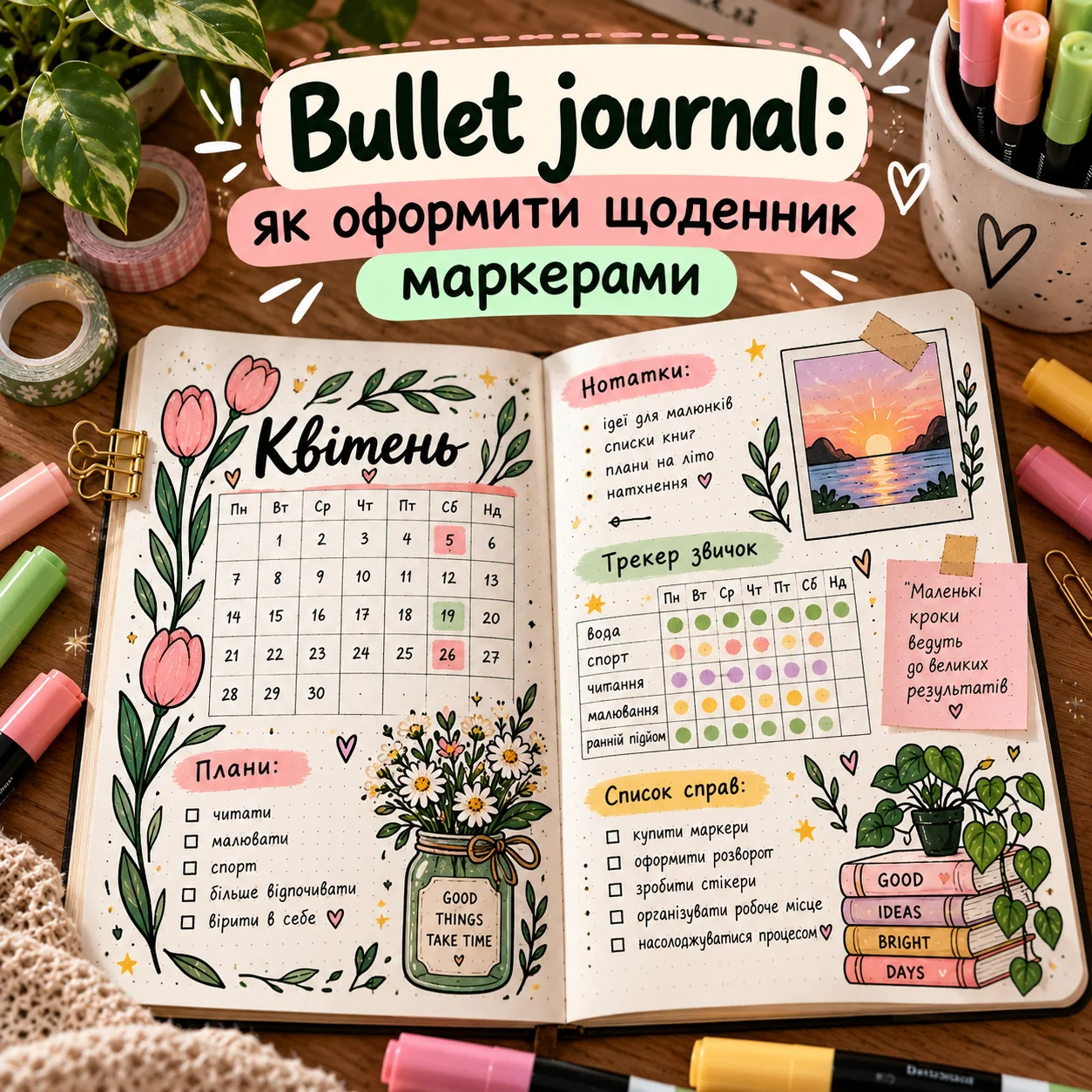 Bullet journal, оформлений маркерами: місячний розворот і трекер звичок