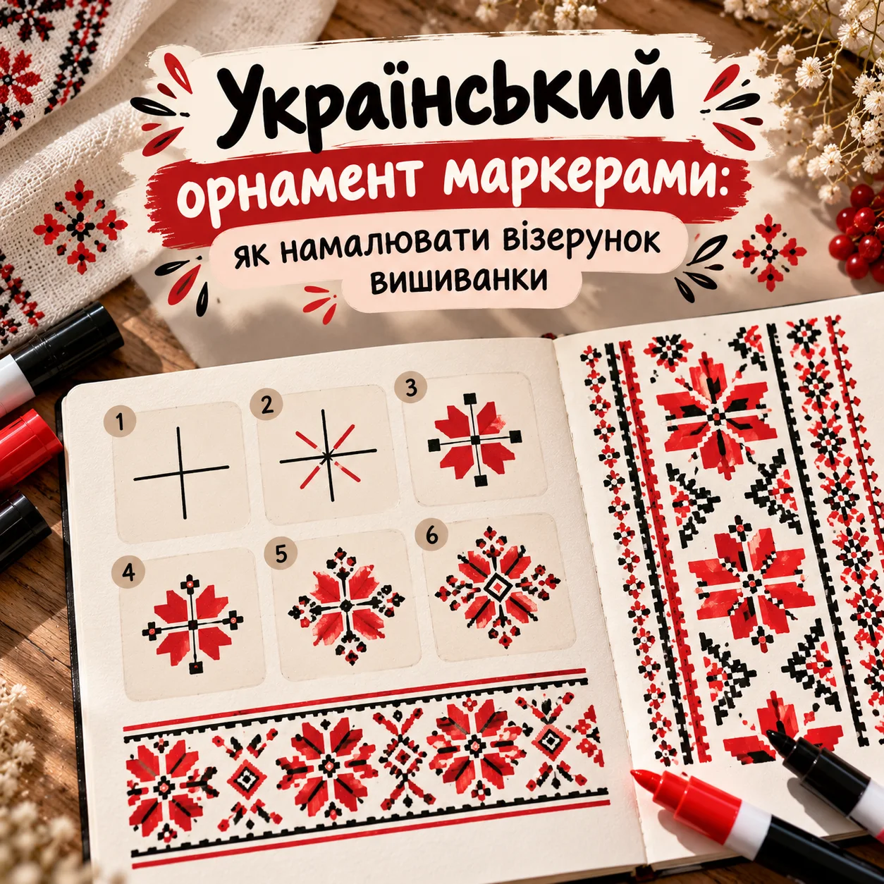 Український орнамент, намальований акриловими маркерами в стилі вишивки