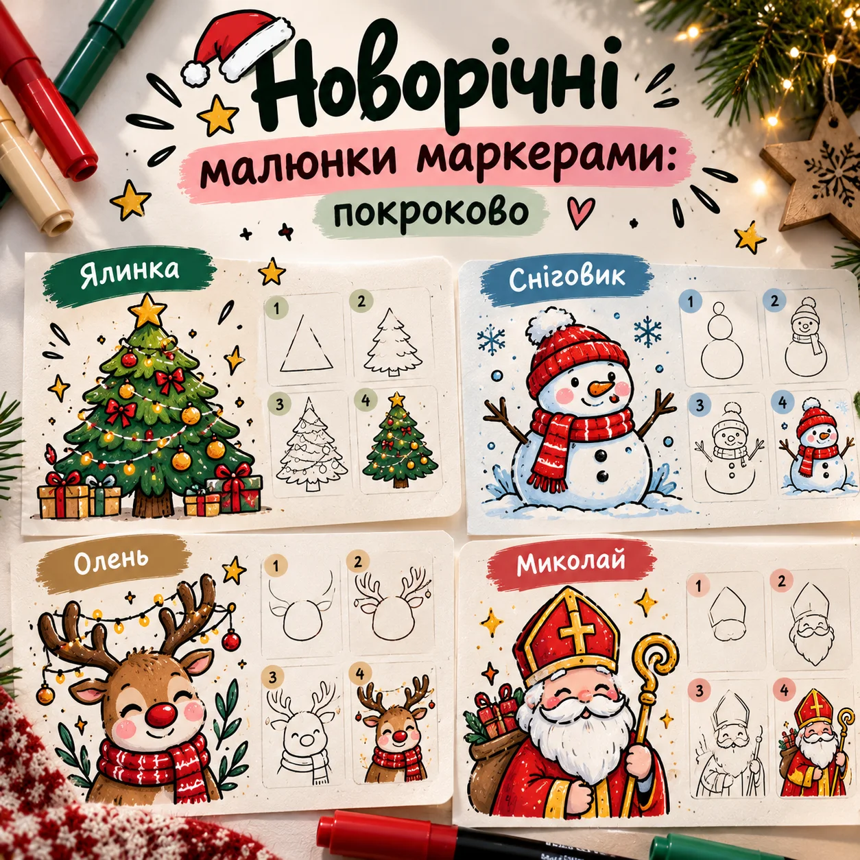 Новорічні малюнки акриловими маркерами: ялинка, сніговик і сніжинки