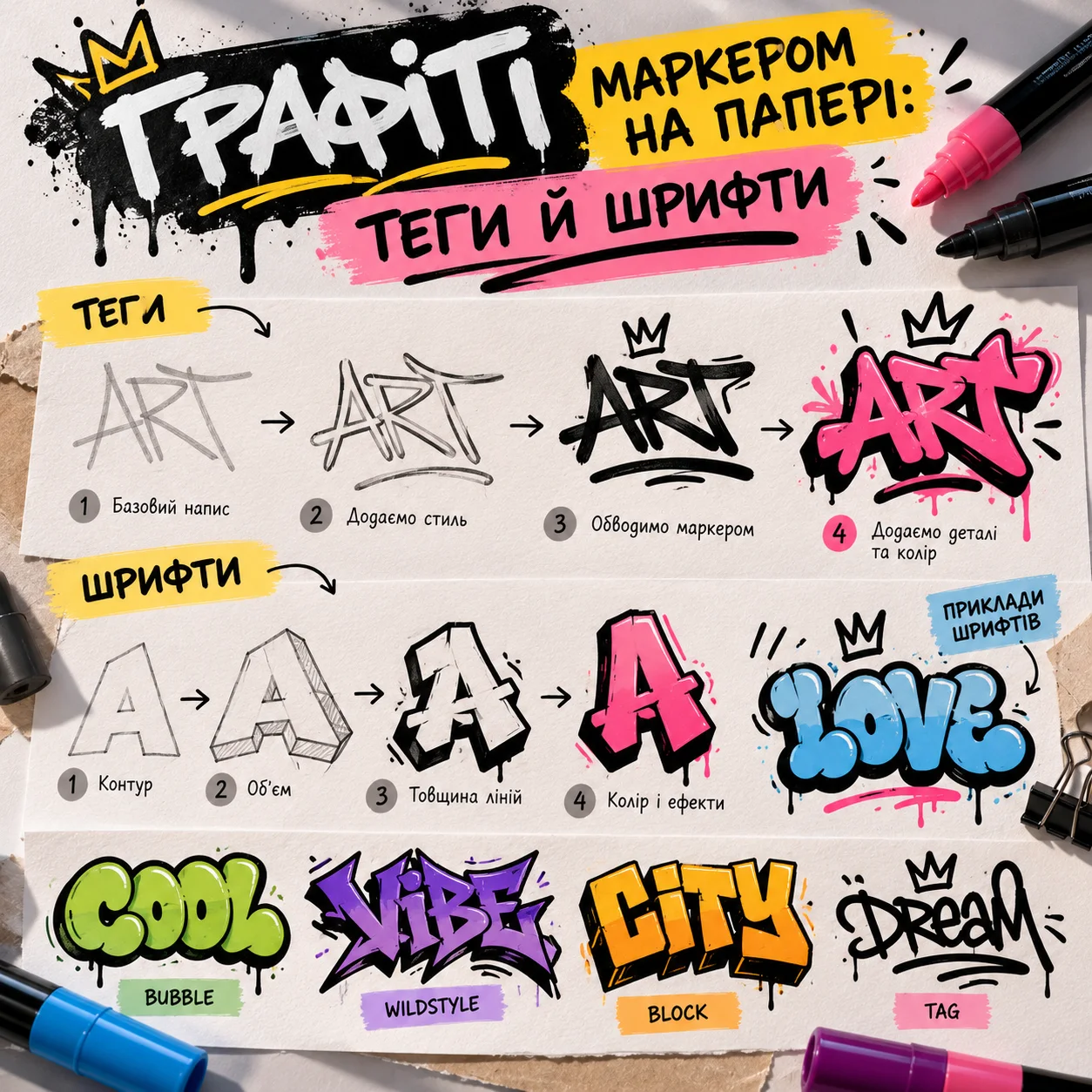 Графіті маркером на папері: бульбашкові літери з фейдом і 3D-тінню