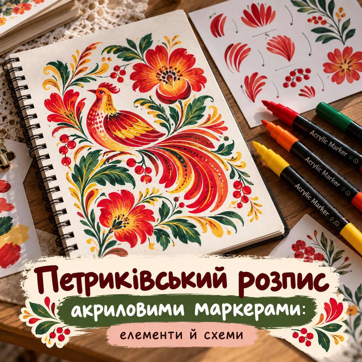 Петриківський розпис акриловими маркерами: квіти й листочки на білому папері